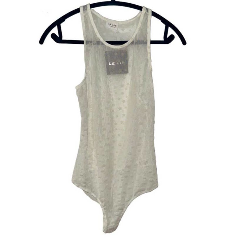 LE LIS OFF WHITE CREAM STAR EMBELLISHED MESH BODYSUIT MEDIUM